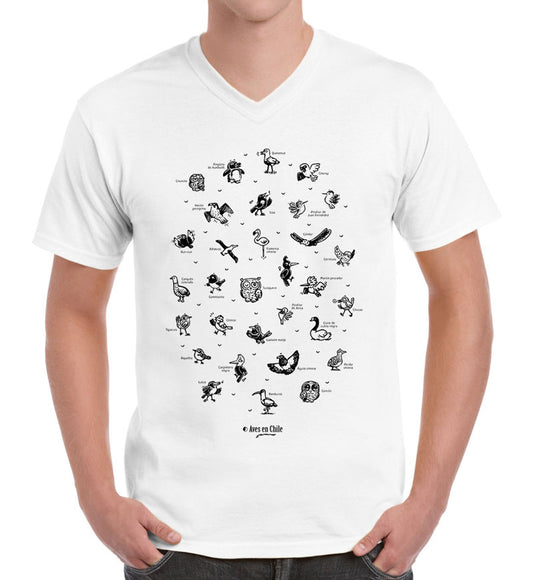 Polera cuello V – Aves de Chile – Blanca