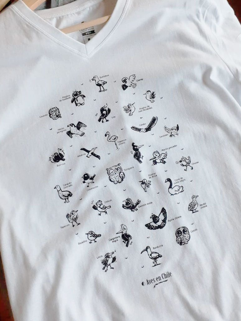 Polera cuello V – Aves de Chile – Blanca