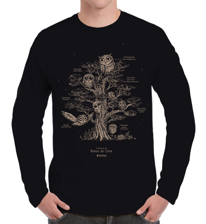 Polera ML – Árbol de los Búhos de Chile – Negro